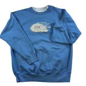 VTG 90's Blue Crewneck Cat Lover Sweatshirt Cottage Core Nostalgic